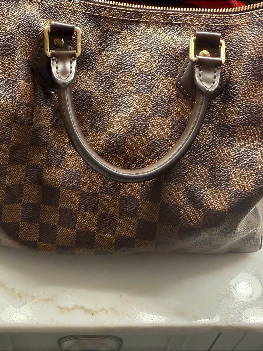 Louis Vuitton Brown Checkered Satchel with Leather Handles